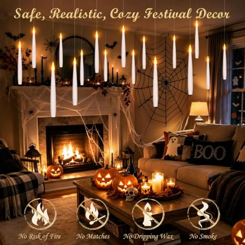 Palmatte 20P Floating Candles with Wand Timer Halloween Decorations Indoor | Upgraded Hanging Floating Candles Battery Operated, Flameless Candles with Remote, Halloween Decor Birthday Party Decorations
