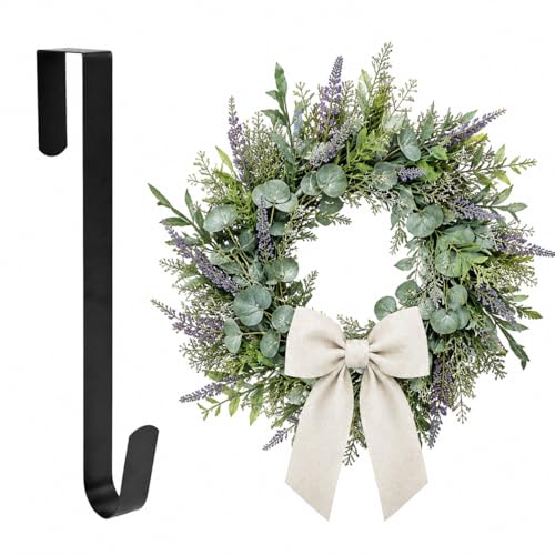 Sattiyrch 15" Wreath Hanger for Front Door, Over the Door Wreath Hook | No drilling or screws,closes normally,holds up to 22 lbs for everyday and seasonal wreaths.Black,1 Pack