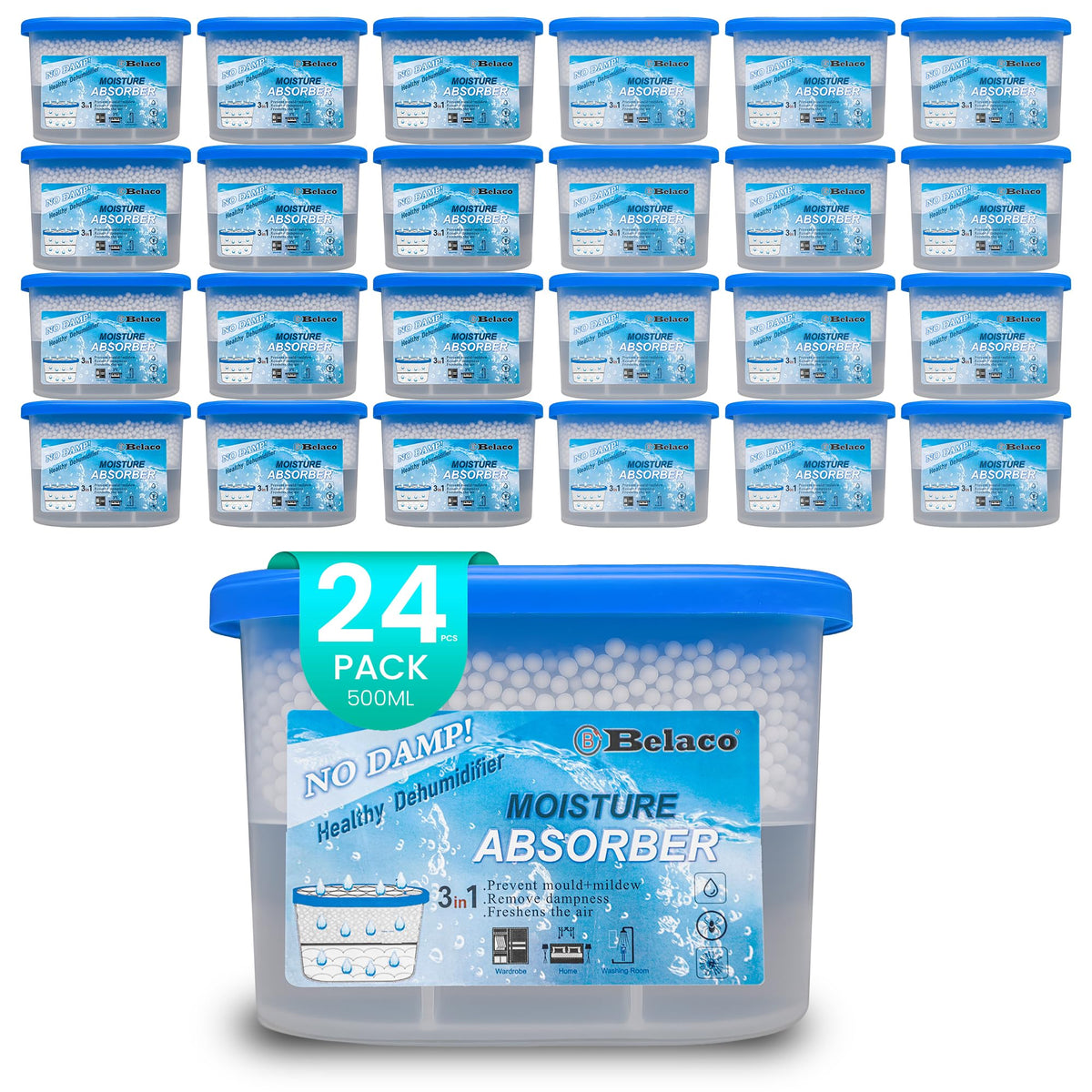 Belaco Dehumidifier Pack Prevent Mould & Mildew, Eliminating Musty Odor | Remove Dampness, Absorb Excess Moisture in Home, Kitchen, Bathroom, Bedroom, Wardrobe, Caravan, Office, Basement - Pack of 24