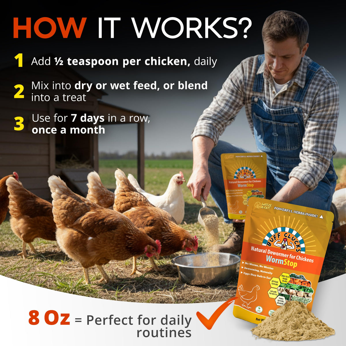 Buff Clucks WormStop Natural Chicken Dewormer Powder – All-Natural Herbal Blend for Daily Wellness - Chicken Wormer is Safe for Eggs & All Ages - Garlic, Pumpkin Seed, Wormwood - USA (8 oz)