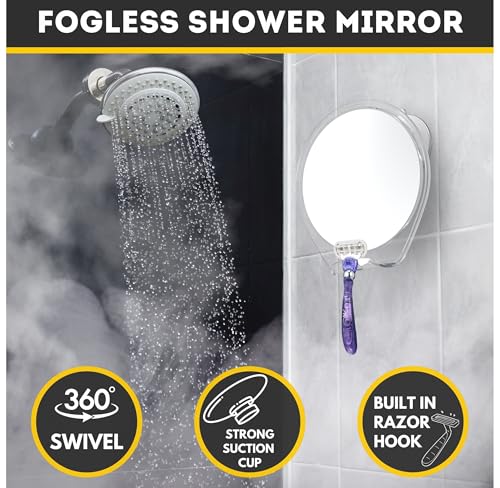 HONEYBULL Fogless Shower Mirror for Shaving with Suction Mount, White | Shatterproof Acrylic Bathroom Accessory With 360 Swivel & Built-in Razor Hook, Clear Reflection in Steam & No-Drill Setup