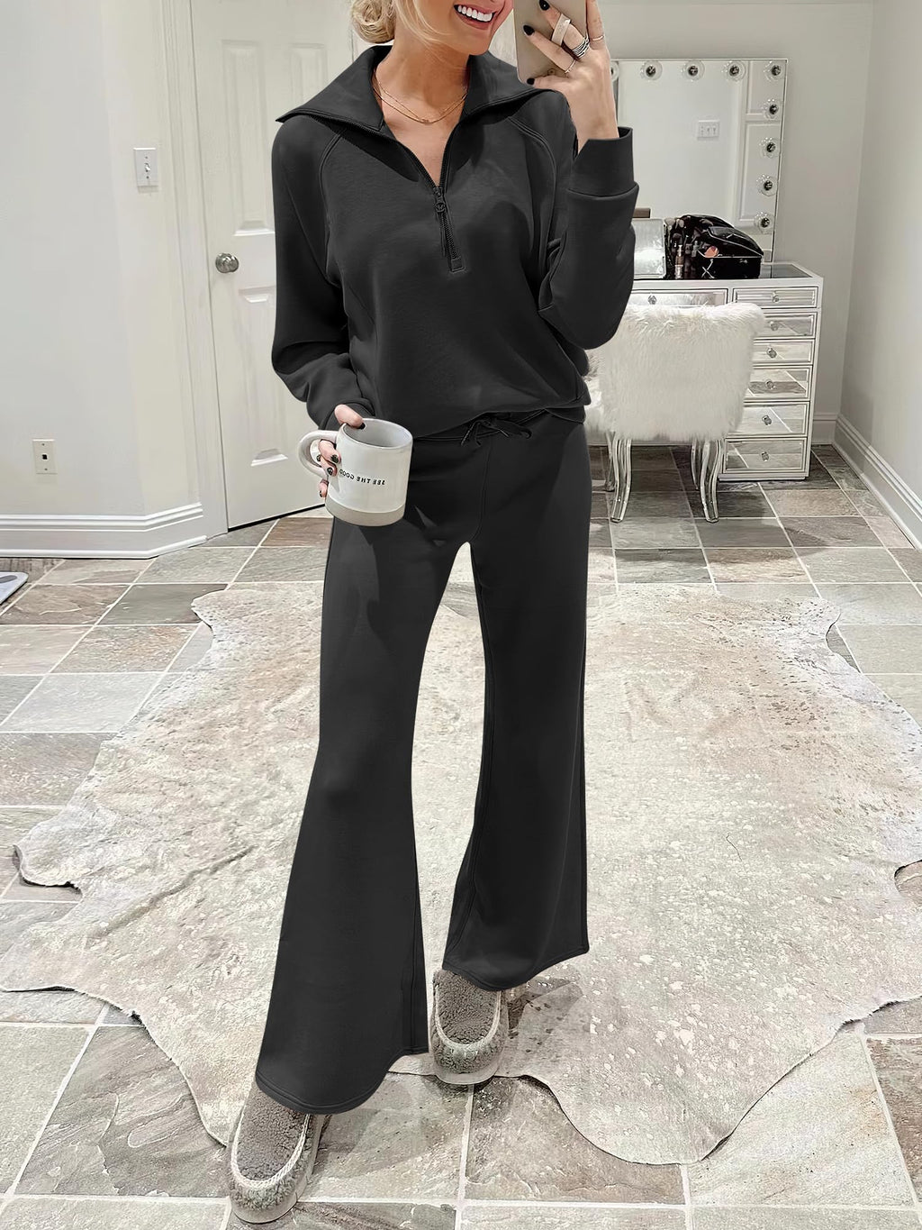 ANRABESS Women 2 Piece Set Sweatsuits Lounge Fall Outfits | Quarter Zip Pullover Wide Leg Pants & Pockets Matching Set,Casual Travel Fashion Airport Vacation Clothing,Sweat Track Suits