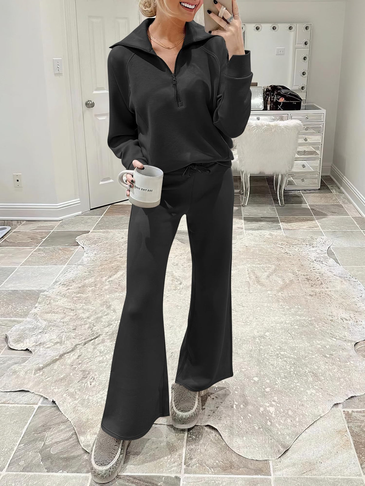 ANRABESS Women 2 Piece Set Sweatsuits Lounge Fall Outfits | Quarter Zip Pullover Wide Leg Pants & Pockets Matching Set,Casual Travel Fashion Airport Vacation Clothing,Sweat Track Suits