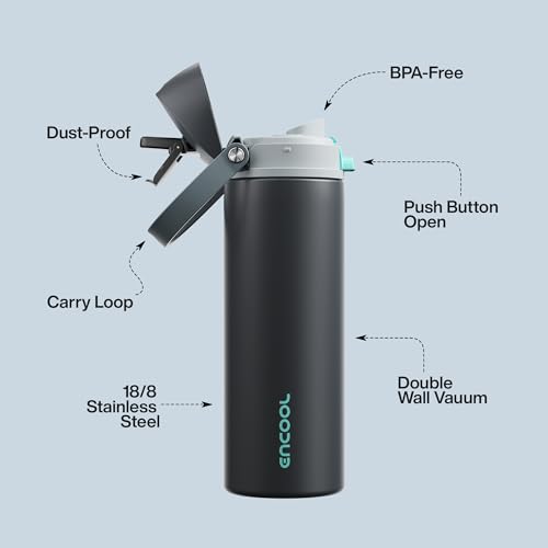 Insulated Water Bottle with Straw - Encool Stainless Steel Water Bottle with Push Button Lid, Leak-Proof & BPA-Free, Keeps Cold for 24 Hours for Sports, Travel, Gym (24 oz, Tuna Grey-Green)