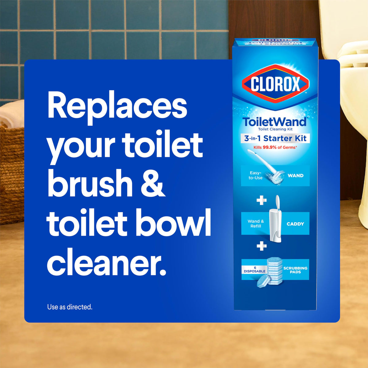 Clorox ToiletWand Toilet Cleaning Kit, 1 Starter Kit with 16 Refill Heads | 3-in-1 Starter Kit with Toilet Brush Wand, Storage Caddy and Disposable Refill Heads, Kills 99.9 Percent of Germs