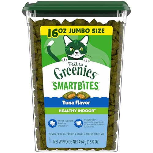 Greenies Feline Smartbites Healthy Indoor Cat Treats, Tuna, 16 oz | Veterinarian-recommended, Fiberblend Formula, supports digestion, under 2 cal per treat, natural ingredients, dual texture