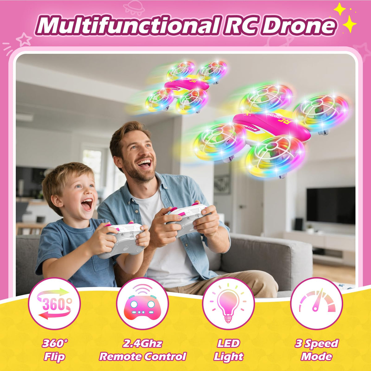 FUNPX Girls LED RC Drone, Christmas Birthday Gift for Girls Aged 6+ with Remote Batteries, 360° Flips, 3 Speed Modes, 45 Min Flight Indoor and Outdoor Flying Toy - Rose Red Yellow