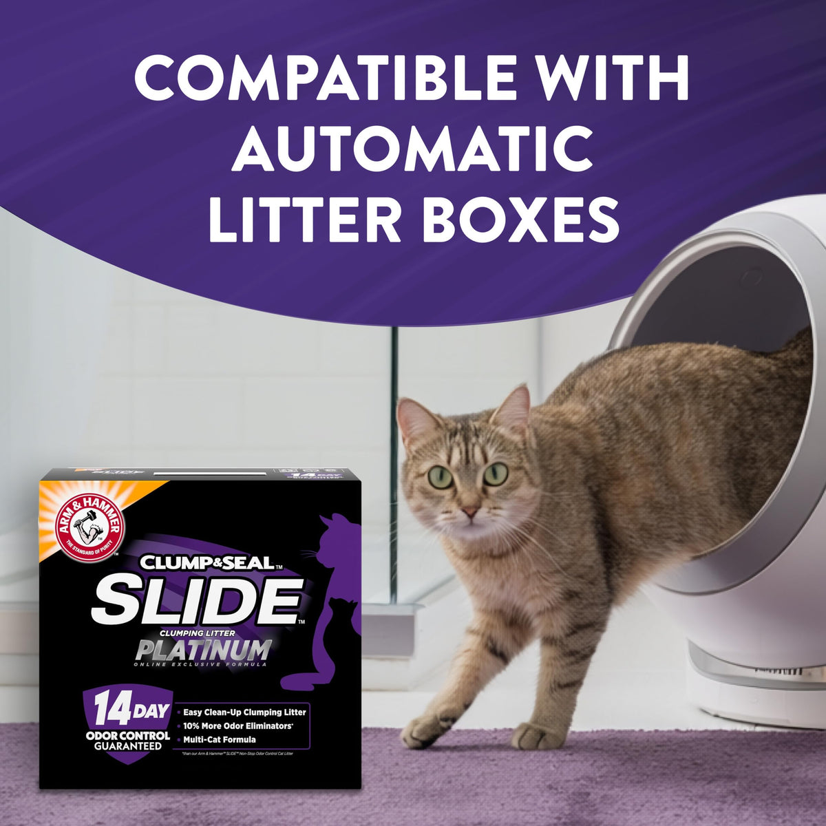 ARM & HAMMER Slide Platinum Easy Clean-Up Clumping Cat Litter, 27.5 Lbs | 24/7 Odor Control, Triple-Action Freshness, Non-Stick, Low Tracking, Multi-Cat Formula, Scented