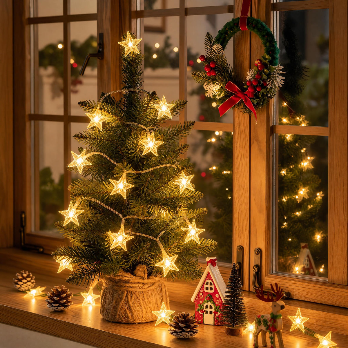 Minetom 50 LED Star String Lights, 17ft Fairy Lights Battery Operated | Star Lights with Timer, Waterproof for Indoor Outdoor Bedroom Tent Loft Bed Patio Party Wedding Christmas Decor, Warm White