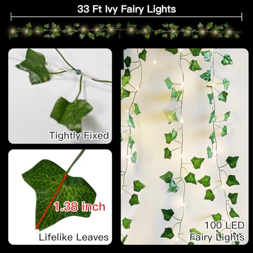 suddus 33FT 100LED Pothos Vine Fairy Lights Battery Operated Copper Wire | String Lights with Remote,Leaf Lights for Bedroom,Dorm,Wedding,Party, Garden,Wedding,Classroom Decor (Warm White)