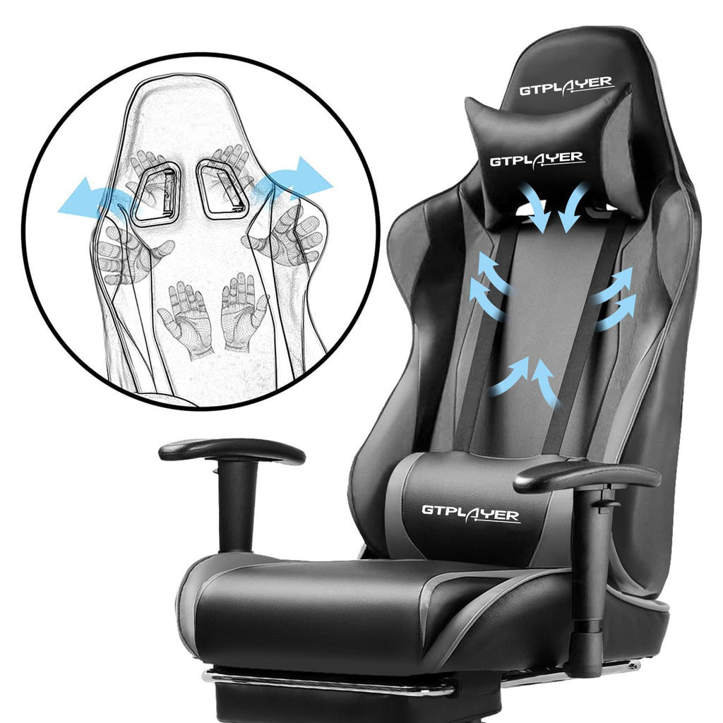 GTPLAYER Gaming Chair with Footrest, Ergonomic Computer Game Desk Chair, Reclining Gamer Chair Seat Height Adjustment, Swivel Rocker with Headrest and Lumbar (Gray)