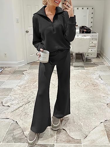 ANRABESS Women 2 Piece Set Sweatsuits Lounge Fall Outfits | Quarter Zip Pullover Wide Leg Pants & Pockets Matching Set,Casual Travel Fashion Airport Vacation Clothing,Sweat Track Suits