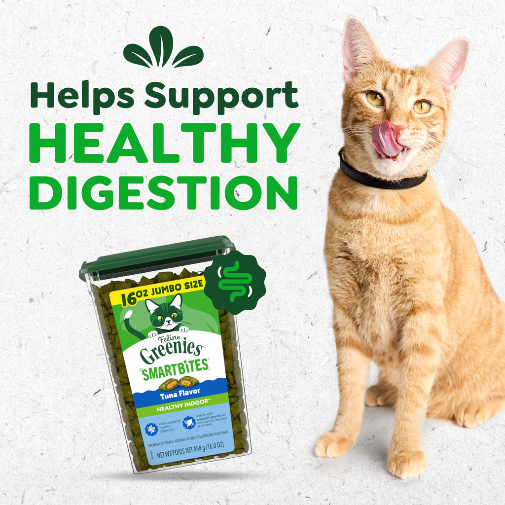 Greenies Feline Smartbites Healthy Indoor Cat Treats, Tuna, 16 oz | Veterinarian-recommended, Fiberblend Formula, supports digestion, under 2 cal per treat, natural ingredients, dual texture