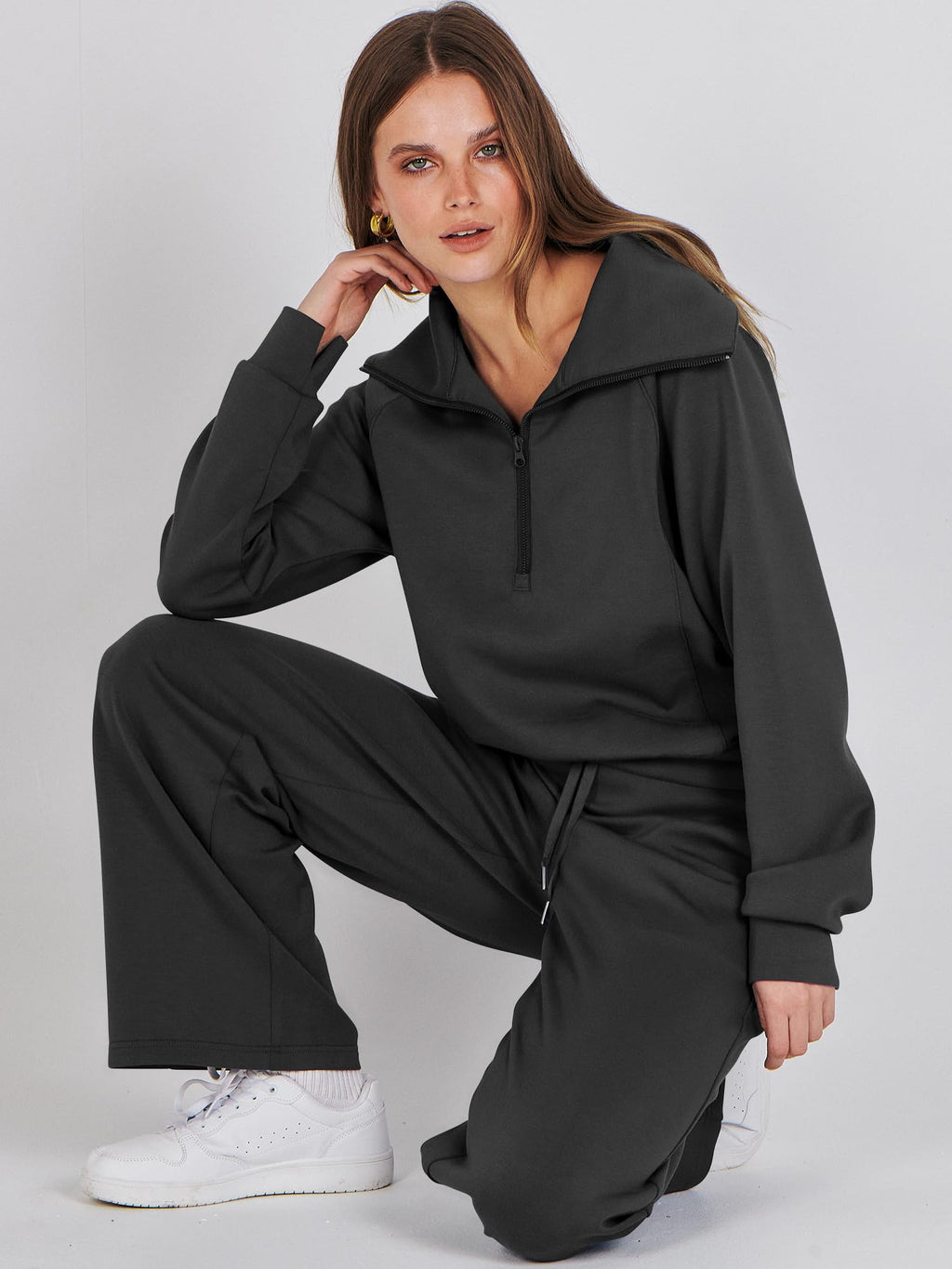 ANRABESS Women 2 Piece Set Sweatsuits Lounge Fall Outfits | Quarter Zip Pullover Wide Leg Pants & Pockets Matching Set,Casual Travel Fashion Airport Vacation Clothing,Sweat Track Suits