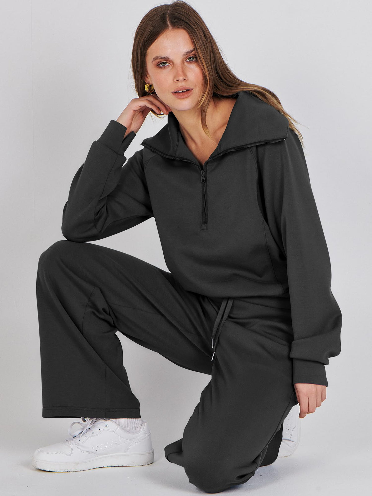 ANRABESS Women 2 Piece Set Sweatsuits Lounge Fall Outfits | Quarter Zip Pullover Wide Leg Pants & Pockets Matching Set,Casual Travel Fashion Airport Vacation Clothing,Sweat Track Suits