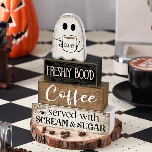 Lineshading 4 Pcs Halloween Coffee Table Decor Wooden Ghost Coffee Bar Sign | Stackable Blocks Bar Farmhouse Rustic Ghost Tiered Tray Decor Festive Boo Wooden Signs Home Office Kitchen Shelf