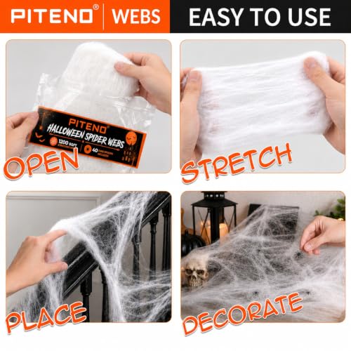 Piteno® 1200 sqft Spider Webs Halloween Decorations with 40 Fake Spiders, Stretchable Halloween Spider Webs for Indoor Outdoor Haunted House Yard Porch Party Decor (White)