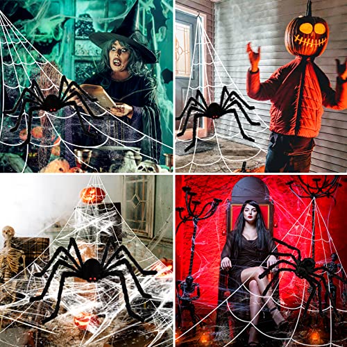 Halloween Decorations Outdoor Spider Webs:1Pcs Giant Spiders-Outdoor Use | 200'' Triangular Web with Hook-Stretch Web and Ground Stakes for Large Halloween Decor and Haunted House Decoration(4.1FT)