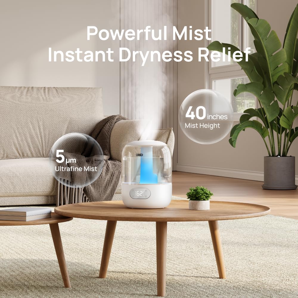 DREO 3L Humidifiers for Bedroom, 30H Runtime, 26 dB Quiet, New Edition | Easy to Refill & Clean, Precise Humidity Control, Night light, Cool Mist Air Humidifier for Large Room, Baby Nursery