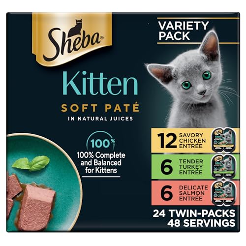 Sheba Perfect Portions Kitten Pate Wet Cat Food, Multipack, 2.6 oz, 24 ct | Chicken, Turkey, & Salmon, DHA for brain development, Vitamin E for immunity, real meat, essential amino acids, 48 servings