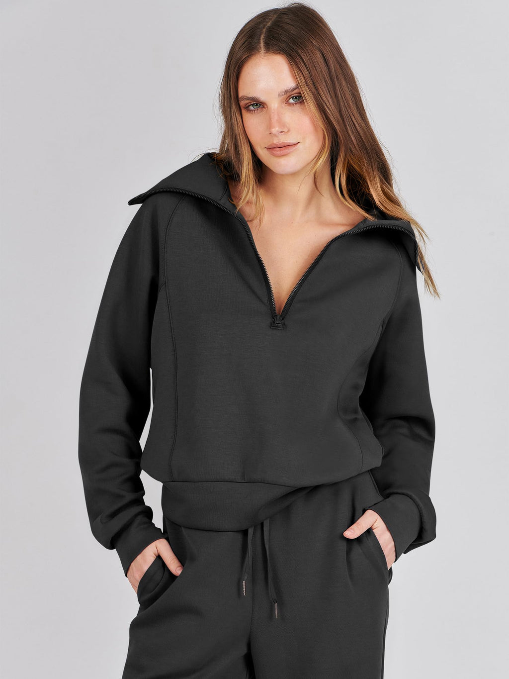 ANRABESS Women 2 Piece Set Sweatsuits Lounge Fall Outfits | Quarter Zip Pullover Wide Leg Pants & Pockets Matching Set,Casual Travel Fashion Airport Vacation Clothing,Sweat Track Suits