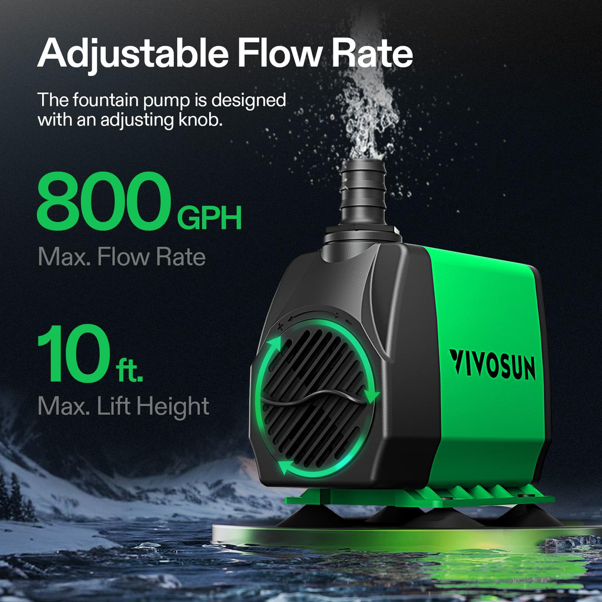 VIVOSUN 800GPH Submersible Fountain Water Pump for Pond, Aquarium, Statuary | 3000L/H, 50W, Ultra Quiet Water Pump with 10ft. High Lift and 6.5ft. Power Cord, 3 Nozzles for Hydroponics, Green