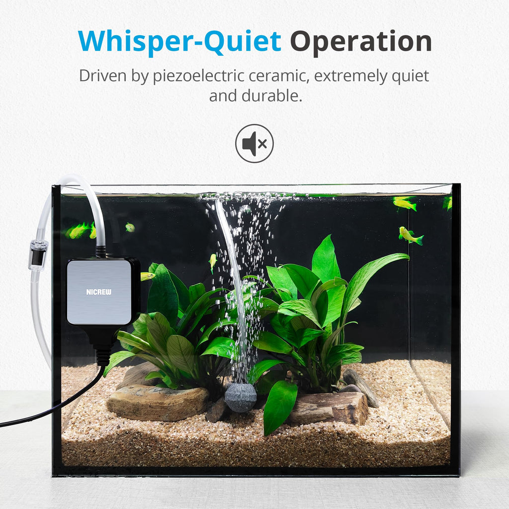 NICREW Nano Silent Aquarium Air Pump, Black, for up to 10 Gallon Fish Tank | Piezo Ceramic Technology, Ultra Quiet Operation, 0.3 L/min Output, 1.5W Energy Efficient, Compact Size