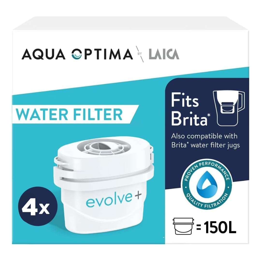 Aqua Optima by LAICA Evolve+ 4 Water Filters, Reduces Limescale, Fits Brita | Fits Maxtra, Maxtra+ & PerfectFit. Reduces chlorine, limescale, lead and microplastics.4 filters provide up to 120 days.