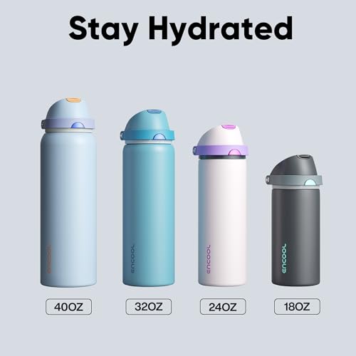 Insulated Water Bottle with Straw - Encool Stainless Steel Water Bottle with Push Button Lid, Leak-Proof & BPA-Free, Keeps Cold for 24 Hours for Sports, Travel, Gym (24 oz, Tuna Grey-Green)
