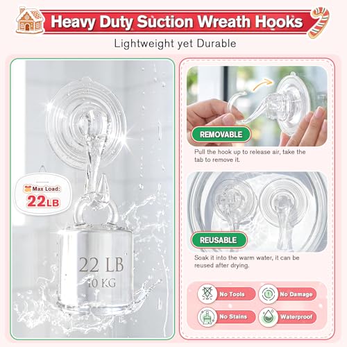 VIS'V Suction Wreath Hanger with Wipes, 22 Lb Capacity, Large, Clear, 2 Pcs | Heavy Duty, Removable and Reusable, Invisible Design, Locking Technology, Dual Vacuum Suction, Fit for Smooth Flat Surfaces