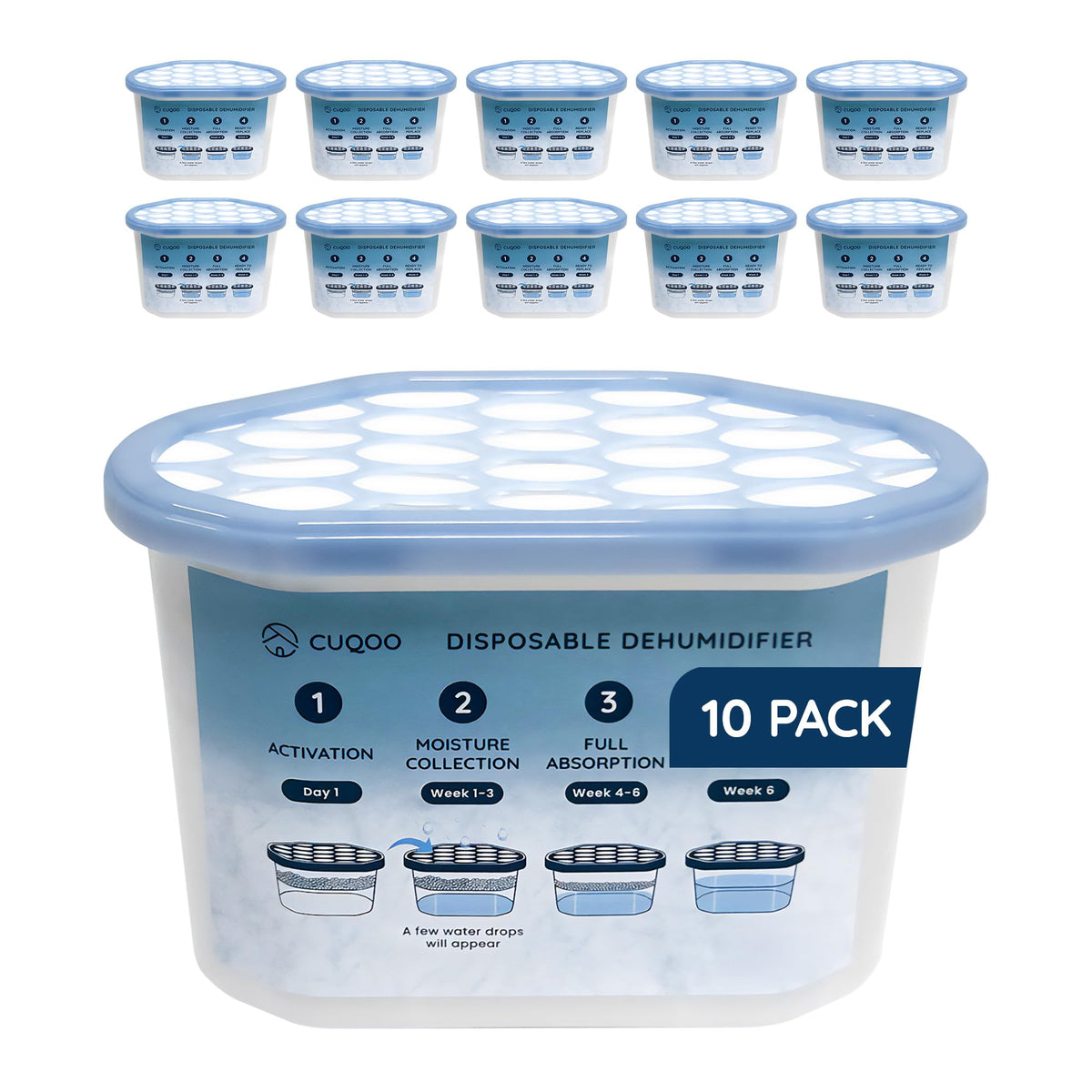 CUQOO Disposable Dehumidifier 500ml | Moisture Absorber Pack of 10 | MULTI-ROOM USE: bedroom · kitchen · bathroom · garage · closet · mould prevention · condensation