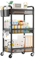 YASONIC 3 Tier Metal Rolling Cart, Black Utility Storage Cart with Wheels | Metal Mesh Craft Cart With Hooks & Hanging Cups, Ideal For Kitchen, Bathroom, Office, Dorm, Art Workspace, Bedside Storage