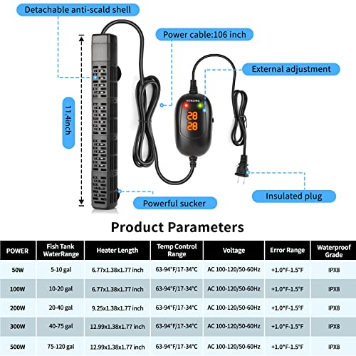 HiTauing Aquarium Heater, 50W/100W/200W/300W/500W Submersible Fish Tank Heater with Over-Temperature Protection and Automatic Power-Off When Leaving Water for Saltwater and Freshwater