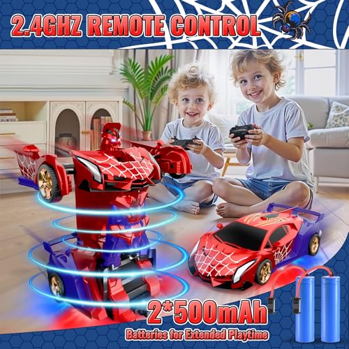 Spider Transform RC Cars Toys with Eye & Underbody Lights, 2.4GHz Remote Control Car One-Button Deformation, Fast 360°Rotation Robot Toys Birthday Gifts for 3 4 5 6 7 8 9 10 Year Old Boys Age 4-7 8-12
