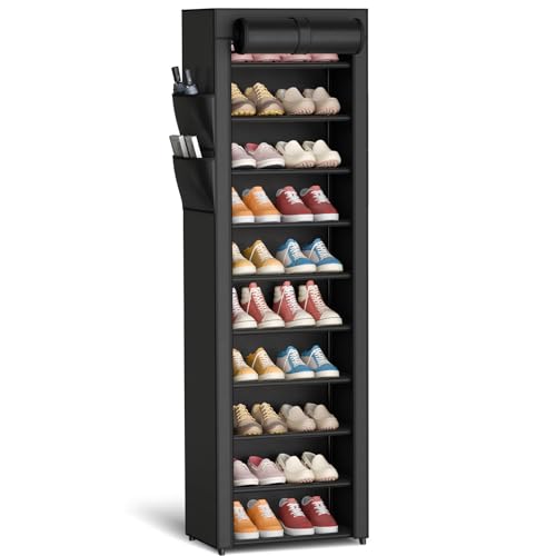 Kitsure 10-Tier Shoe Rack with Cover, Vertical Shelf, 17.5" Wide, Black | Space Saving Shoe Storage with Side Pocket, Shoe Organizer for Closet, Entryway, Bedroom, Zapateras Cabinet