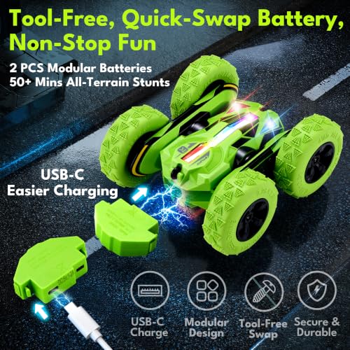 Threeking Remote Control Car Rc Flip Stunt Cars Toys Gifts for Kids Ages 6+ | Upgraded USB-C Modular Batteries 4WD Unique AUTO DEMO RGB Eye-Friendly Lights 360° Flips Double Sided Driving Stunt Car