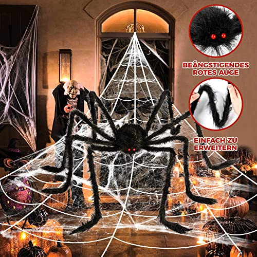 Halloween Decorations Outdoor Spider Webs:1Pcs Giant Spiders-Outdoor Use | 200'' Triangular Web with Hook-Stretch Web and Ground Stakes for Large Halloween Decor and Haunted House Decoration(4.1FT)