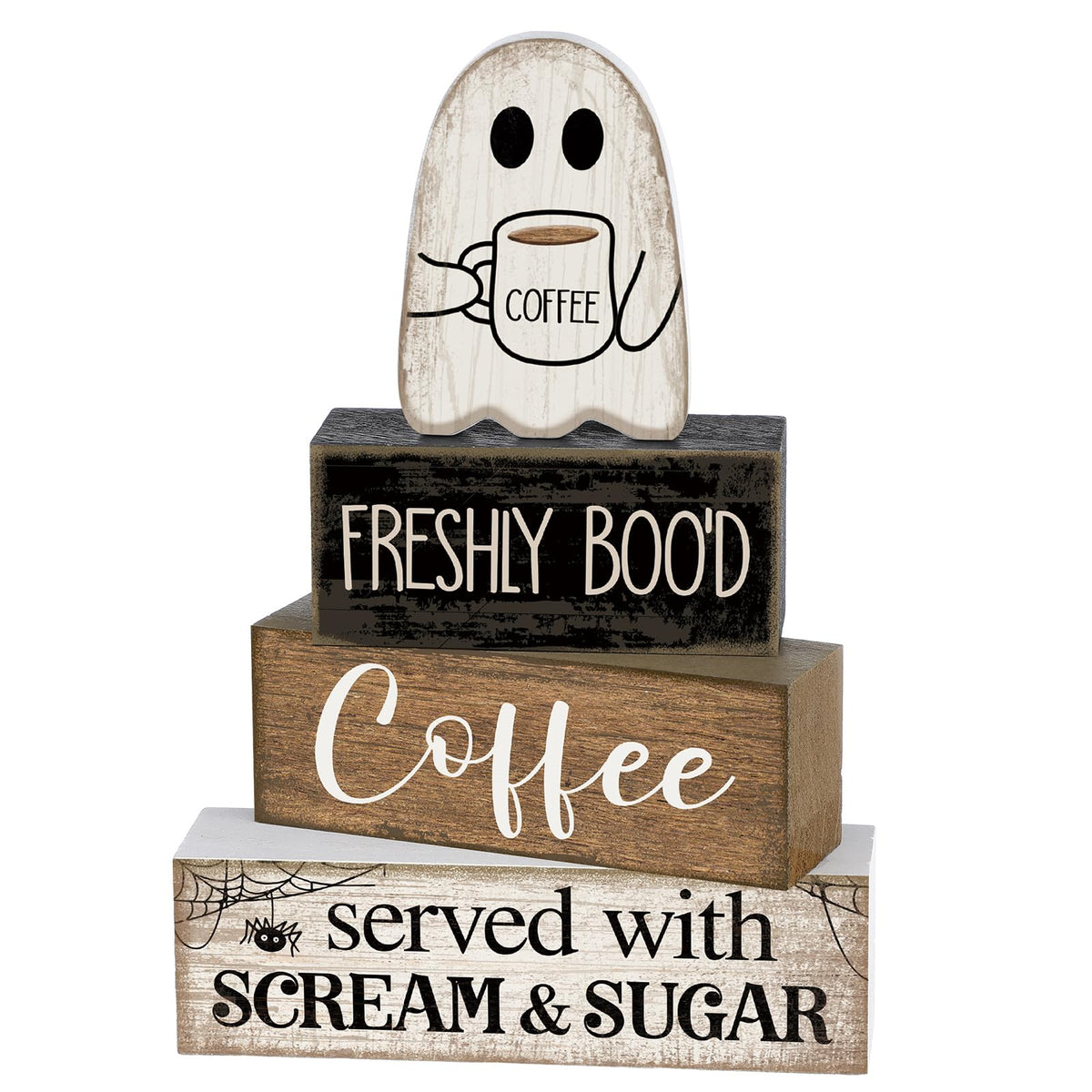 Lineshading 4 Pcs Halloween Coffee Table Decor Wooden Ghost Coffee Bar Sign | Stackable Blocks Bar Farmhouse Rustic Ghost Tiered Tray Decor Festive Boo Wooden Signs Home Office Kitchen Shelf
