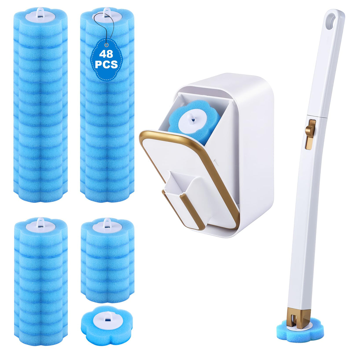 wlich Disposable Toilet Brush, 48 Refills Wall Holder Bowl Cleaner for Home | Flexible Scrubbing Head, Hygienic Toilet Cleaning, Wall-Mounted Storage for Homes, Apartments, Dorms, Offices, Hotels