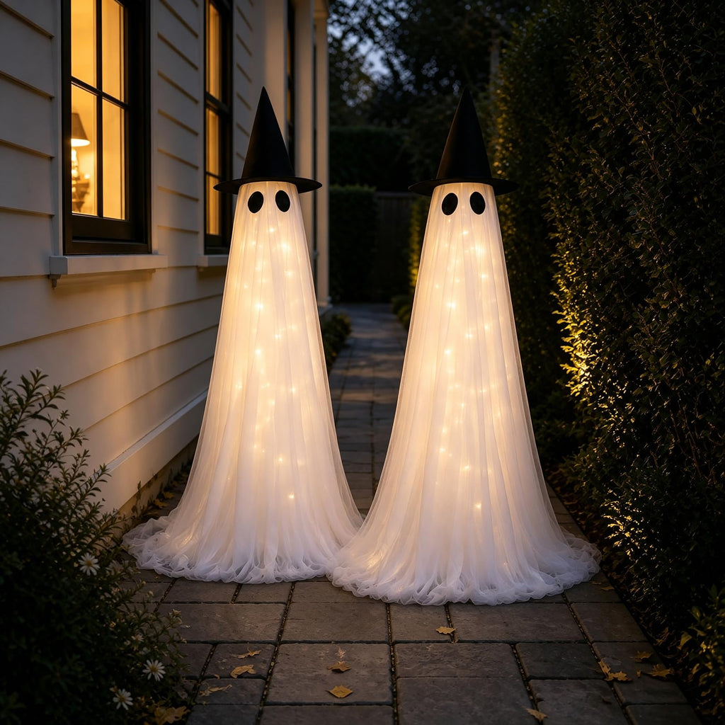 2 Pack 5 Ft Large Light Up Ghost Decor - Halloween Decorations Outdoor | Double-layered fabric, water bags and stakes, 8 light modes with timer, battery or USB power for porch and lawn