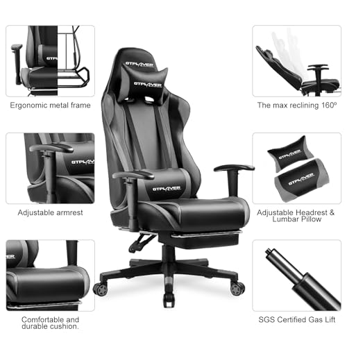 GTPLAYER Gaming Chair with Footrest, Ergonomic Computer Game Desk Chair, Reclining Gamer Chair Seat Height Adjustment, Swivel Rocker with Headrest and Lumbar (Gray)