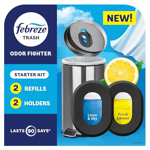 Febreze Odor Fighter, Can Air Freshener, Stick-On Deodorizer for Garbage Cans, Diaper Pails, Works with Scented Bags, Fresh Lemon and Linen & Sky Scents, 2 Holders + 2 Refills