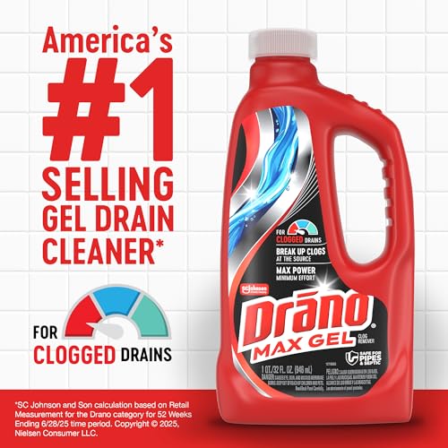 Drano Max Gel Drain Clog Remover & Cleaner, Safe for All Pipes/Septic, 32oz | Works on Tough Hair, Grease, Soap & Food Clogs, Cuts Through Standing Water, Protects Against Pipe Corrosion, Kitchen & Bath