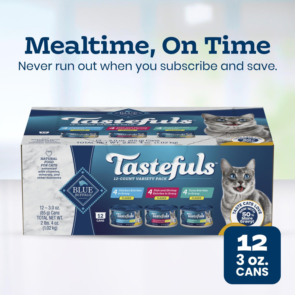 Blue Buffalo Tastefuls Variety Pack Wet Cat Food, 3 oz, 12 ct | Tuna, Chicken & Fish and Shrimp Entrées in Gravy (4 of Each), No Corn, Wheat, or Soy