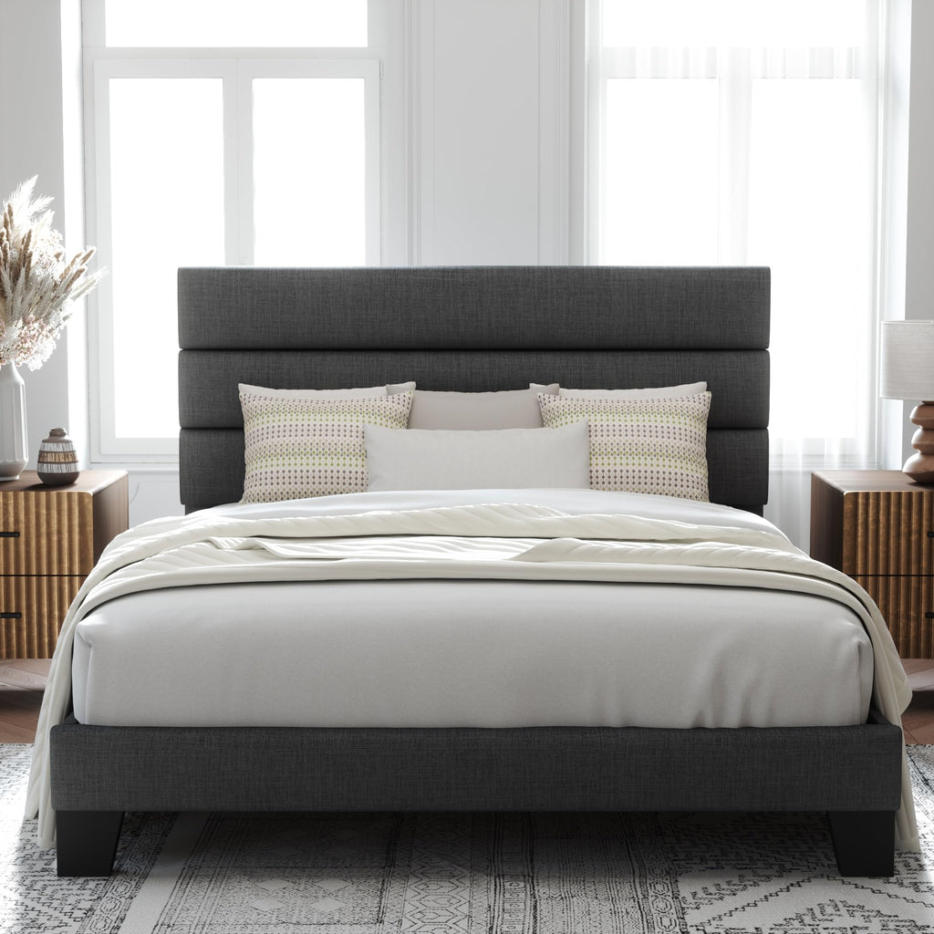 Allewie Queen Size Platform Bed Frame with Fabric Upholstered Headboard | Wooden Slats Support, Fully Upholstered Mattress Foundation, No Box Spring Needed, Easy Assembly, Noise-Free, Dark Grey