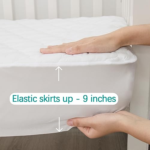 Crib Mattress Protector Sheets Fitted Waterproof Crib Mattress Pad Cover | Quilted Improved Thickness Machine Washable Noiseless 52” x 28” White Fit for Standard Crib Toddler Bed Mattress up to 9”