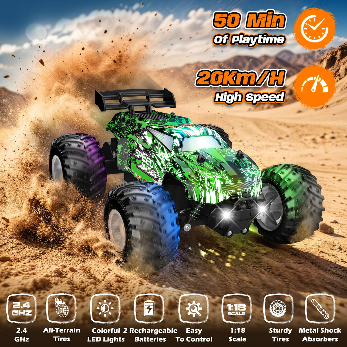 Remote Control Car All-Terrain 1:18 Rc Car with LED Lights 2 Batteries | 2WD Rc Truck, 50Min Play, 2.4GHz, 20KM/H Sturdy Off Road Remote Control Truck Toys for Boys Girls, Christmas Birthday Gift
