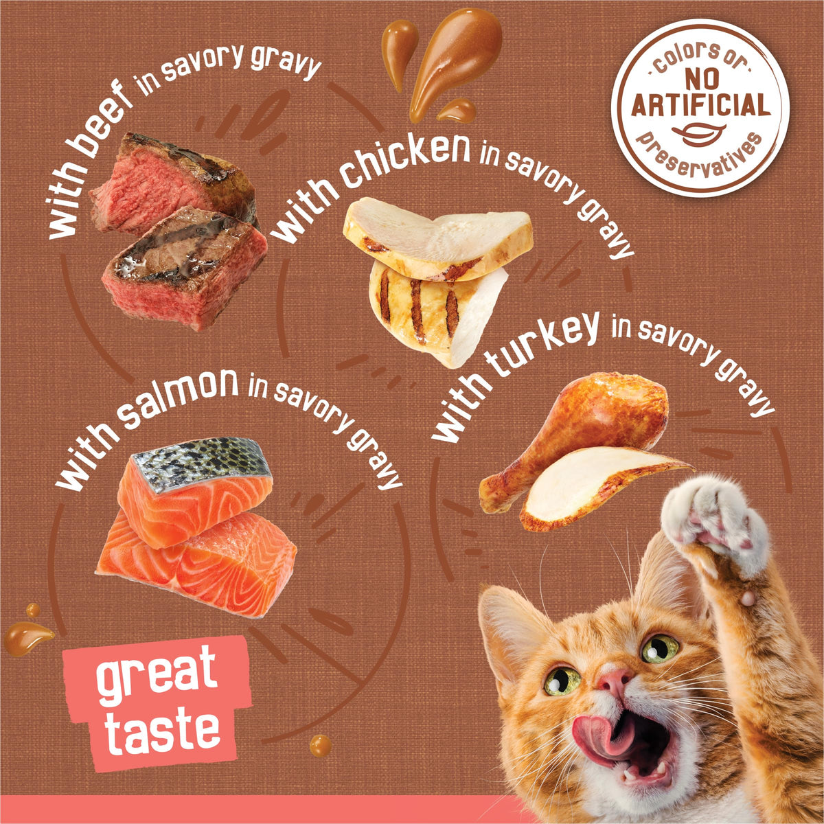 Purina Friskies Extra Gravy Wet Cat Food Chunky Variety, (24) 5.5 oz. Cans | Variety Pack With Chicken, Turkey, Salmon, & Beef cat food in savory gravy, for tender, tasty meals