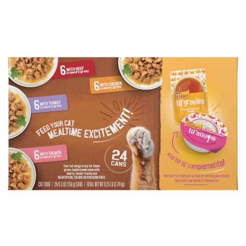 Purina Friskies Extra Gravy Wet Cat Food Chunky Variety, (24) 5.5 oz. Cans | Variety Pack With Chicken, Turkey, Salmon, & Beef cat food in savory gravy, for tender, tasty meals