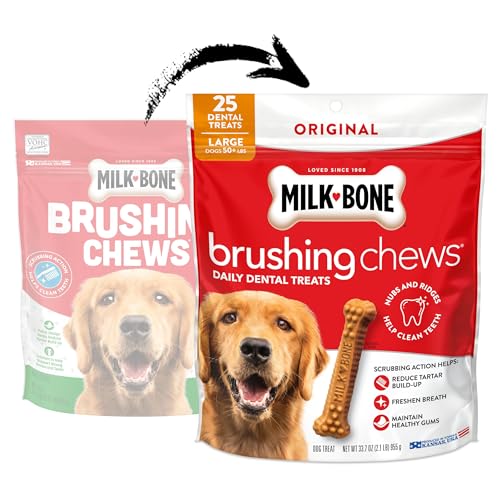 Milk-Bone Brushing Chews Large Daily Dental Dog Treats, 33.7 oz Bag | 25 treats, chicken flavored, VOHC accepted dental chews, helps clean teeth and freshen breath, for large dogs 50 lbs and up